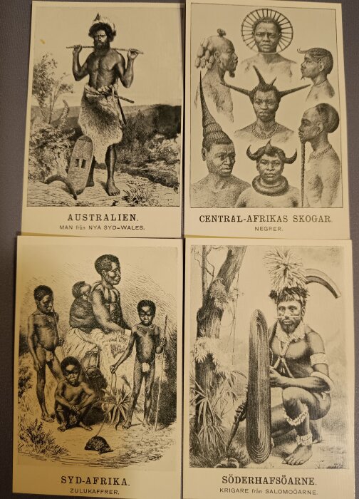 Etnografiska illustrationer av folk från Australien, Centralafrika, Sydafrika och Söderhavsöarna vid sekelskiftet.