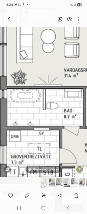 Planritning över en bostad med markerat badrum på 8,2 m². Groventré och tvätt 7,3 m², samt angränsande vardagsrum.