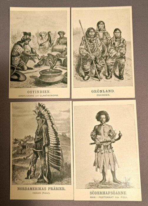 Fyra äldre vykort med motiv från Ostindien, Grönland, Nordamerikas prärier och Söderhavsöarne.