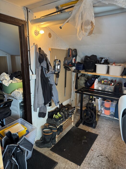 Förvaringsutrymme med verktygstavla, stövlar, kläder och hyllor med förvaringslådor; torkskåp nämns i bakgrunden.