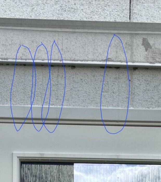 Fasad med misstänkta vattenränder ovanför en dörr, markerat med blå cirklar.