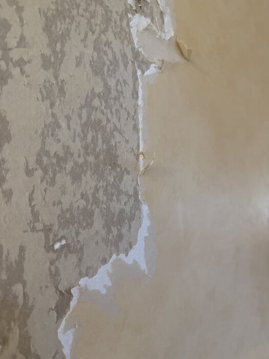 Närbild av vägg med flera lager gammal tapet som lossnar, på undersidan syns gipsskiva. Diskuterar renovering och borttagning av tapet.