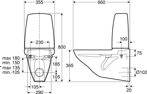 Ritning av toalettskål med mått, visar bult- och avloppsstandard för GBG Nordic 339, kompatibel med Ifö 6894-modellen.