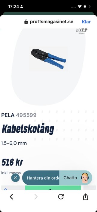 Kabelskotång från PELA Tools med artikelnummer 495599, för kabelstorlekar 1,5-6,0 mm, pris 516 kr hos proffsmagasinet.se.