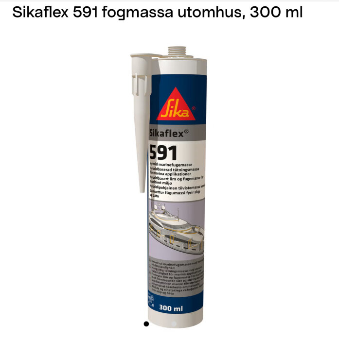 Sikaflex 591 fogmassa för utomhusbruk, 300 ml, med etiketttext och bild av båtillustration. Passar marina tillämpningar.