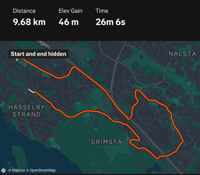 Karta över en 10 km löprunda i området Grimsta, Hässelby; distans 9,68 km, höjdökning 46 m, tid 26m 6s.