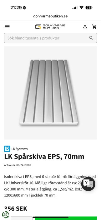 Bild av LK Spårskiva EPS 70mm med spår för rörläggning, används för golvvärmeinstallation. Produkt från golvarmebutiken.se.