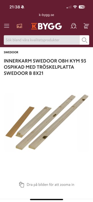 Innerkarm Swedoor OBH KYM 93 ospikad, med tröskelplatta, modell B 8x21, visas i fyra delar på vit bakgrund.