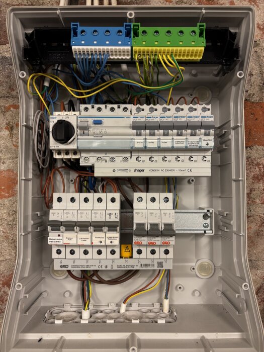 Öppen normcentral med flera kopplade dvärgbrytare och kabeldragning. Brytarnas etiketter indikerar olika funktioner och uttag.