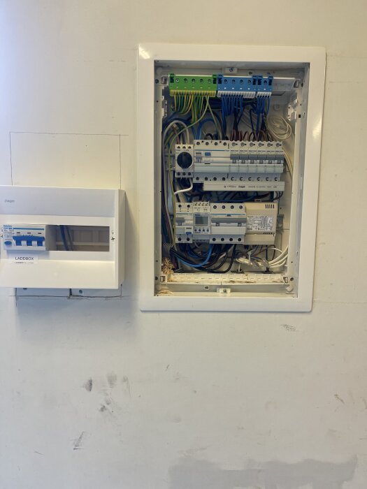 Elskåp med flera kablar och säkringar, inklusive tydliga blå och gröna kablar, monterat på en vit vägg.