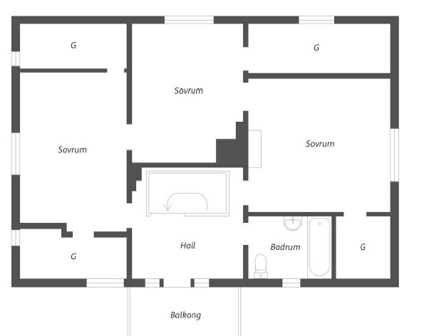 Planritning för övervåning med tre sovrum, badrum och hall. Alla rum har separat dörr och garderober finns i två av sovrummen.