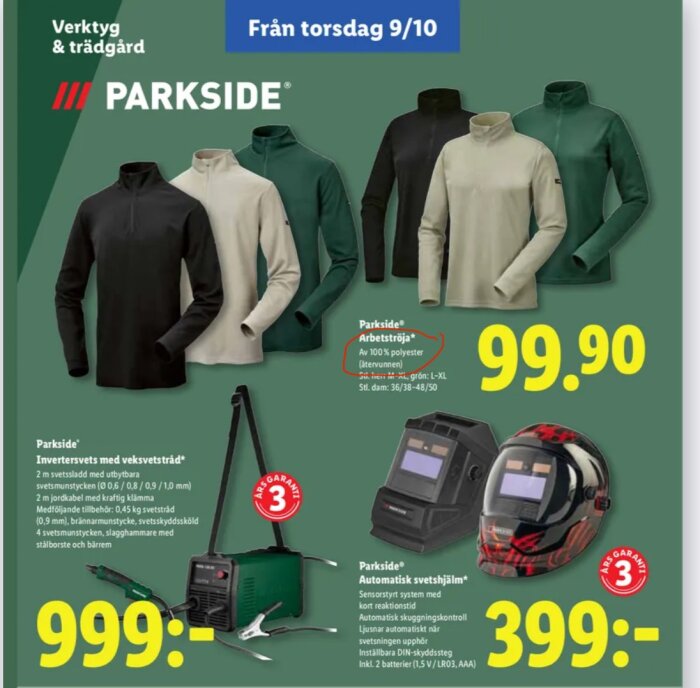 Reklamblad från Parkside med polyester arbetströjor i flera färger samt erbjudanden på svetsutrustning och svetshjälm.