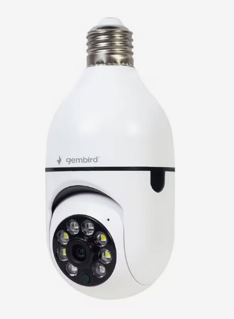 Övervakningskamera i form av en vit glödlampa med LED-lampor och kameralins.