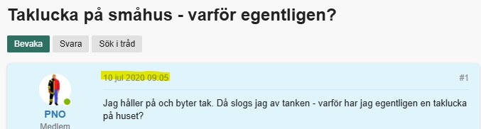 Forumdiskussion om taklucka på småhus med ursprungligt inlägg daterat 10 juli 2020, skrivet av användare PNO.