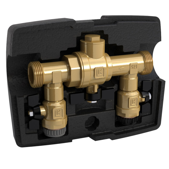 Påfyllningskoppel för köldbärare, monterat i en frigolitlåda, med två ventiler och gängade anslutningar.