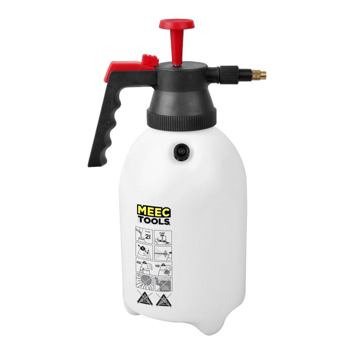 Tryckspruta av märket MEEC TOOLS i vitt med svart handtag och röd pump, använd för ogräsbekämpning eller modifiering vid påfyllning.