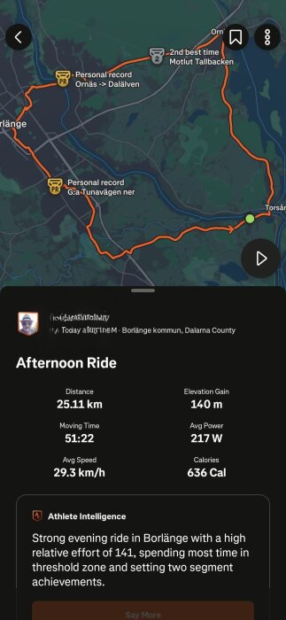 Karta över en cykelrutt i Borlänge med statistik: 25,11 km, höjdökning 140 m, medelhastighet 29,3 km/h, förbrukade kalorier 636 Cal.