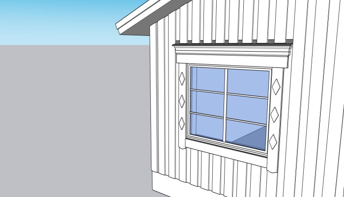 3D-ritning av en del av en byggnad med vitt panelvirke och ett fönster med spröjs och dekorativa detaljer.
