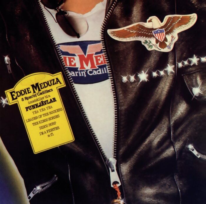 Läderjacka med örnlogo, affisch med Eddie Meduza och låtlista, text "Roarin' Cadillac".