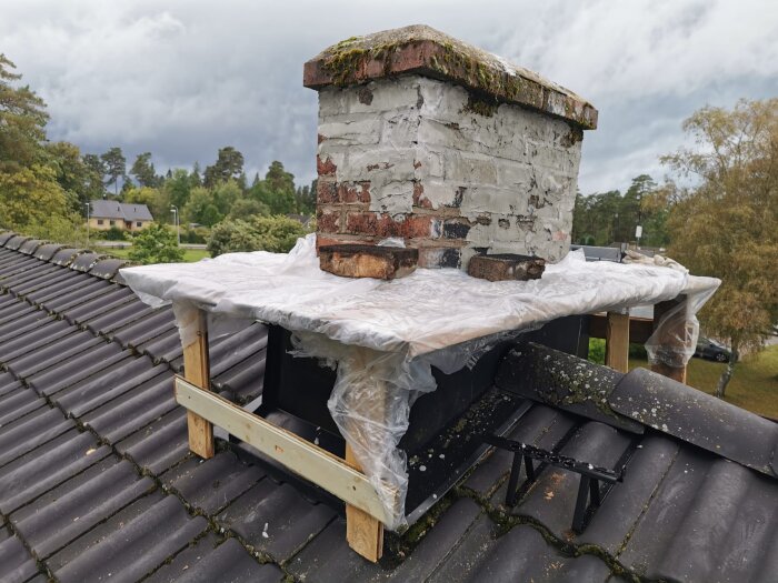 Chimney on a tiled roof with a protective plastic covering; cloudy sky and trees in the background.