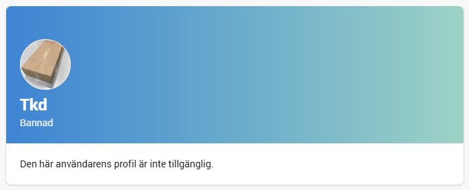 Användarprofil med texten "Den här användarens profil är inte tillgänglig" och profilbild av en papplåda.