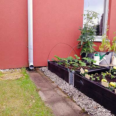 Stuprör som leder ut vatten mot en gräsmatta bredvid en rabatt med växter på en stenbelagd yta.