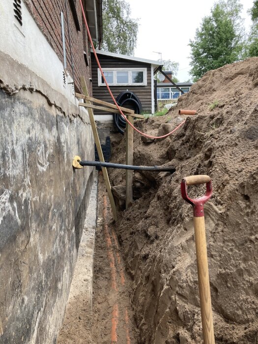 En grävd dike bredvid ett tegelhus, med en spade i jorden och rör samt stödbrädor längs diket.