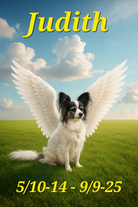 Hund med änglavingar sitter på en grön äng, himmel i bakgrunden. Eventuellt minnesbild med datum och texten "Judith".