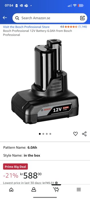 Batteri till Bosch 12V-serien, 6.0Ah Li-Ion, visas på Amazon med rabatt från 745,31 kr till 588 kr.