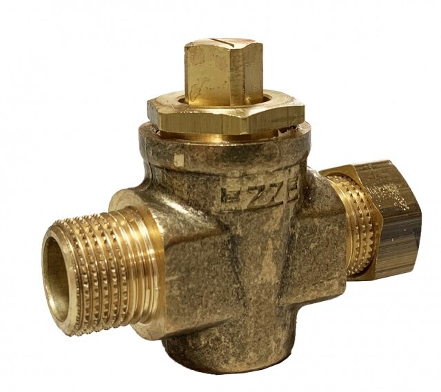 Guldfärgad avstängningsventil med gängade anslutningar för tillopp och retur, används för att tömma system vid behov.