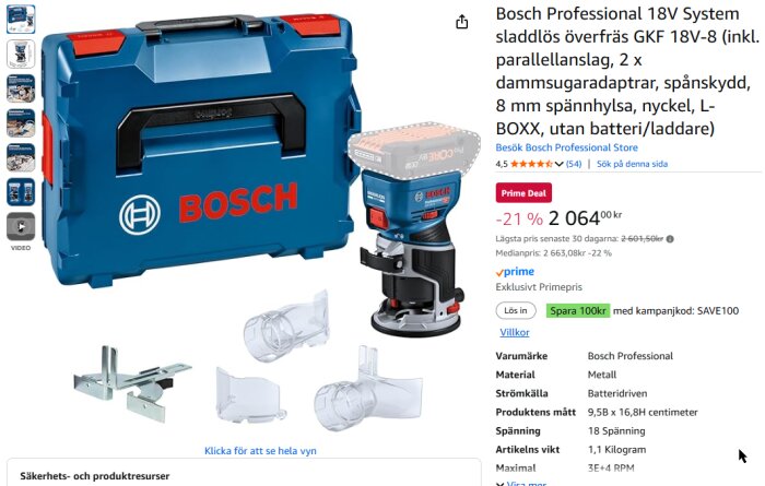 Bosch sladdlös överfräs GKF 18V-8, verktygslåda och tillbehör som paralellanlslag och dammsugaradapter visas med pris och produktinformation.