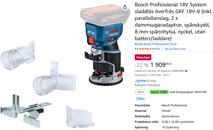 Bosch Professional 18V sladdlös överfräs GKF 18V-8 med dammsugaradaptrar och tillbehör, visas med pris och specifikationer.