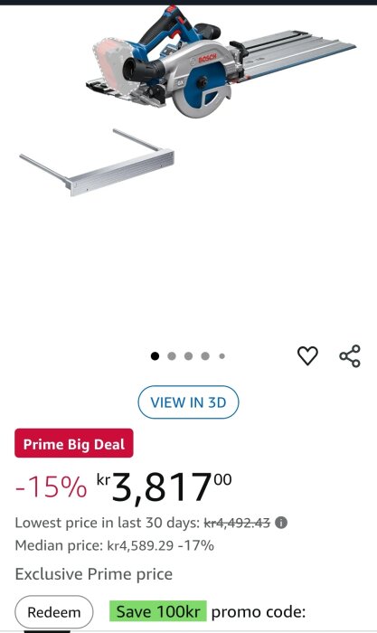 Bosch cirkelsåg GKS 18V-57-2 med skena och rabatterat pris 3,817 kr på Amazon, Prime-erbjudande.