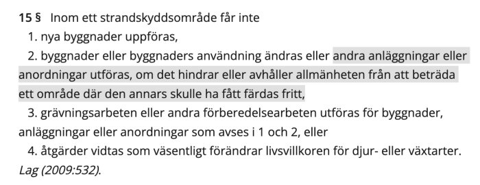 Paragraf från miljöbalken som beskriver förbud i strandskyddsområden, med textstycke om allmänhetens tillträde markerat.