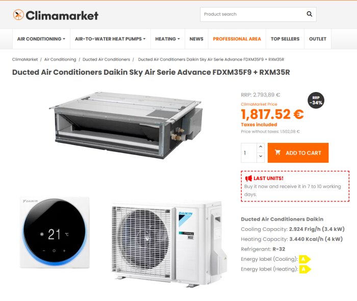 Daikin luftkonditioneringssystem till salu för 1817,52 EUR; inomhus- och utomhusenheter samt termostat visas. Prisjämförelse och fraktinformation nämns.