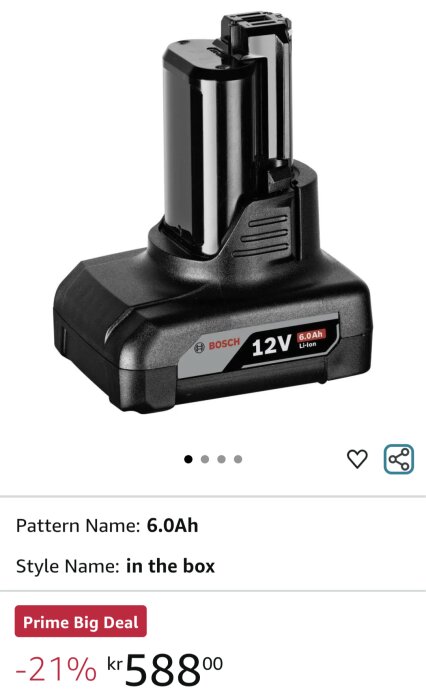 6Ah Bosch 12V Li-Ion batteri, erbjuds för 588 kr med 21% rabatt, visas från sidan med etikett och kontakter.