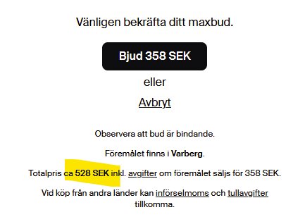 En skärmdump från en auktionssida med budknapp på 358 SEK och text om totalpris inklusive avgifter, samt tullinformation.