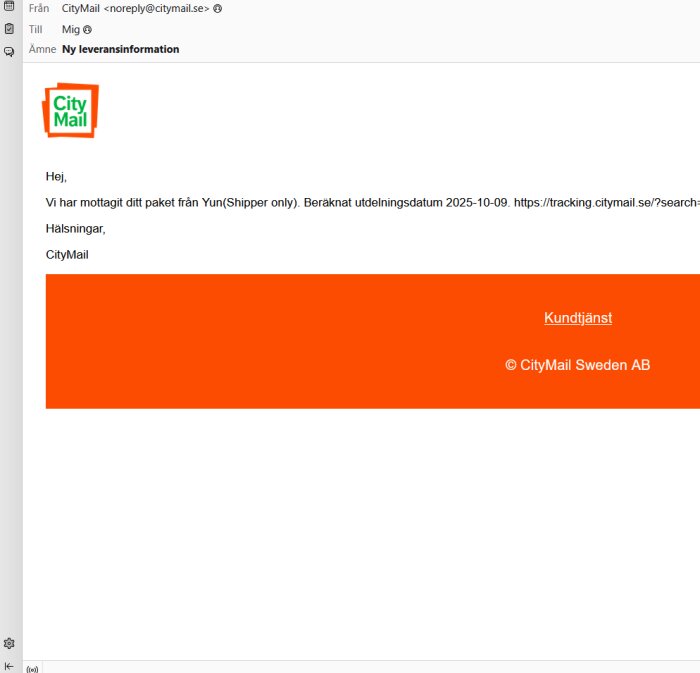 Ett e-postmeddelande från CityMail om en paketleverans med uppskattat utdelningsdatum.