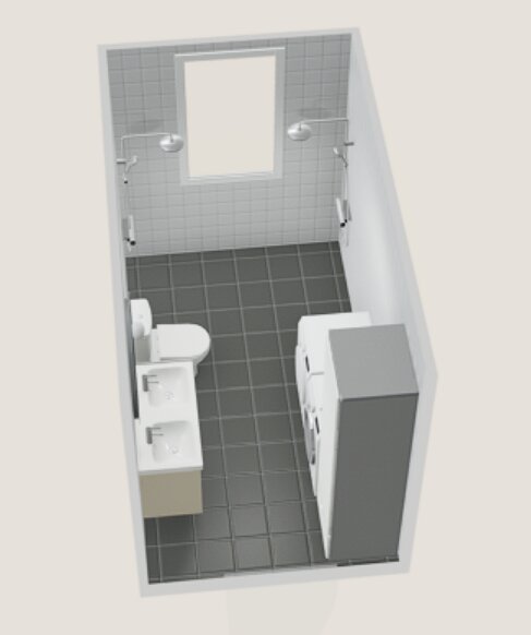 Rendering av ett badrum med två duschar, fönster centralt placerat på långväggen, dubbla handfat och toalett till vänster, grå kakel på golvet.