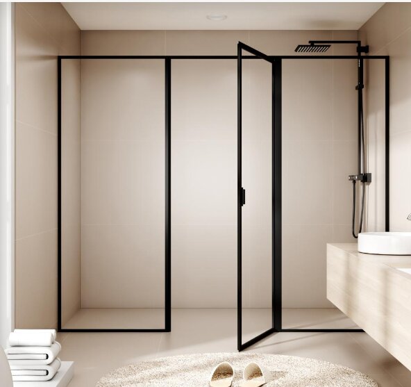 Minimalistisk duschhörna med svarta glasväggar och takmonterad dusch i ett modernt badrum.