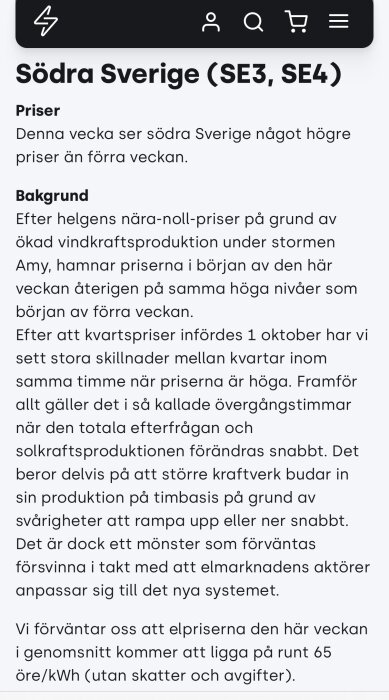 Text från Tibbers prognos om elpriser i södra Sverige (SE3, SE4) med information om prisvariationer och påverkan av stormen Amy.