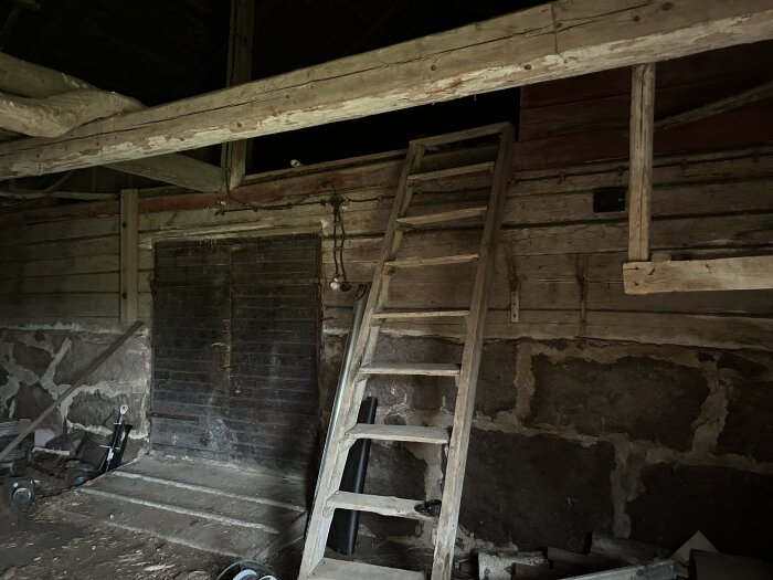 Gammalt stall av trä och sten med en trappstege lutad mot väggen, synliga bjälkar och dörr, i ett eventuellt vedlider.