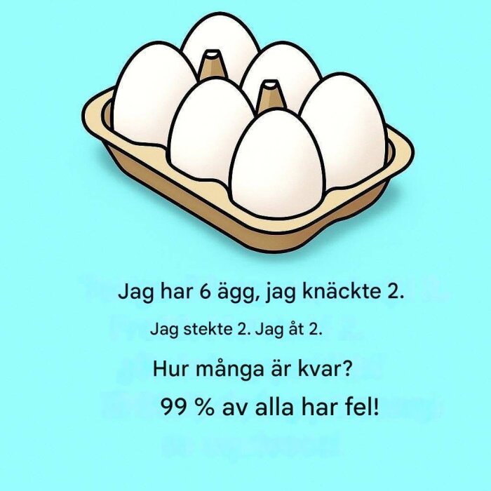 Äggkartong med sex ägg och en gåta som utmanar läsaren att räkna kvarvarande ägg efter att ha knäckt, stekt och ätit två.
