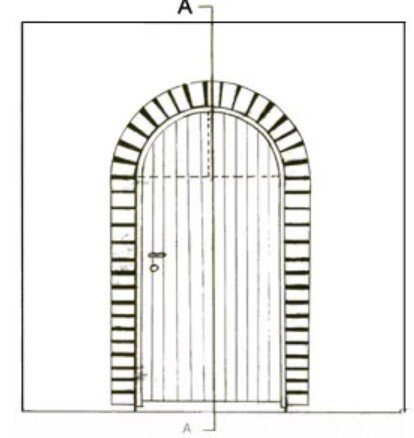 Ritning av valvbåge med dörrkonstruktion, visar bågens uppbyggnad med stöttande sidor och dekorativa stenar längs bågen.