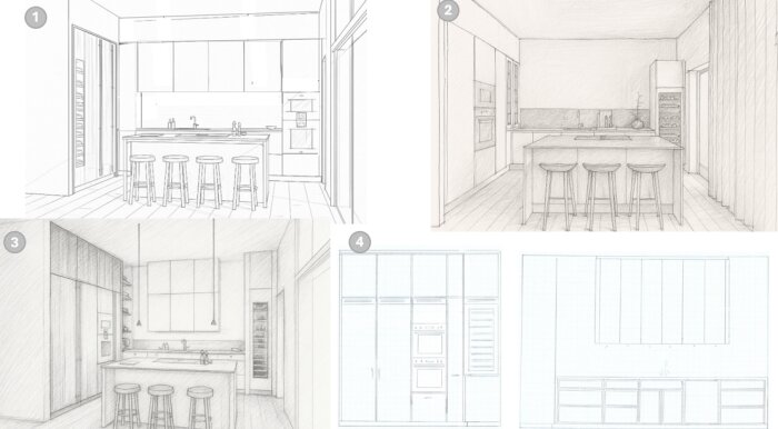 Fyra kökslayoutförslag med öppen planlösning, köksöar med barstolar och olika skåpslösningar, inklusive vinkyl och inbyggda skåp.