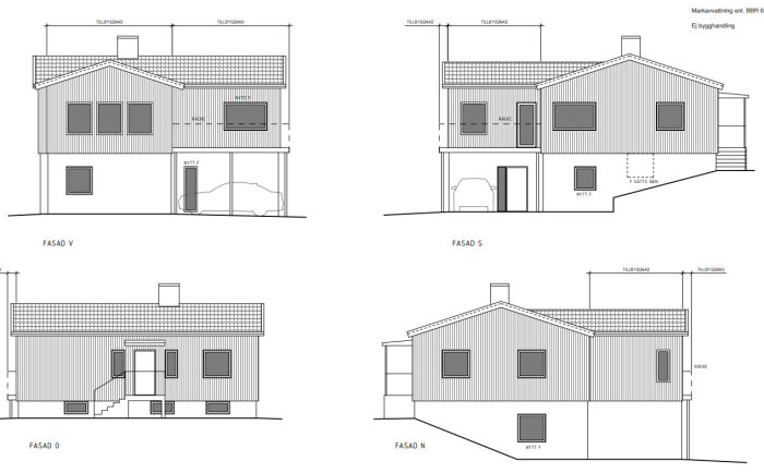 Arkitektritning av suterränghus med planerad tillbyggnad, visar fasader O, V, S och N, med föreslagen spårpanel och puts.