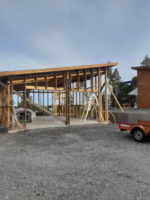 Byggarbetsplats med trästomme till en byggnad, stege lutad mot väggen och en släpvagn i förgrunden på en grusyta.