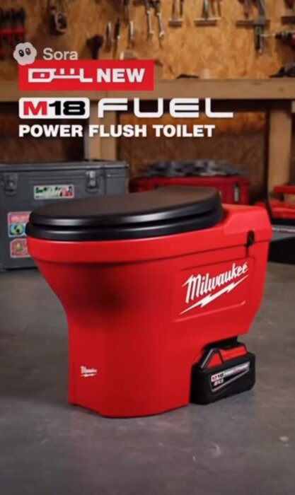 Röd bärbar toalett med märkningen "Milwaukee M18 FUEL Power Flush Toilet" i en verkstadsmiljö, verktyg synliga i bakgrunden.
