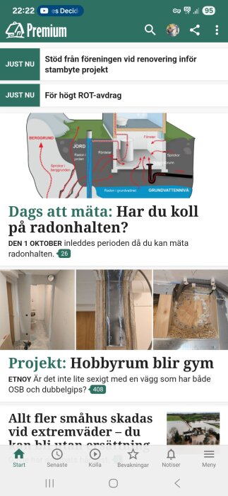 Skärmbild av en app som visar olika artiklar om byggprojekt och renovering, däribland om mätning av radonhalt och att omvandla ett hobbyrum till gym.