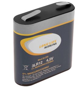 4,5V alkalisk batteri av märket Long Life, används för klassiska ficklampor.